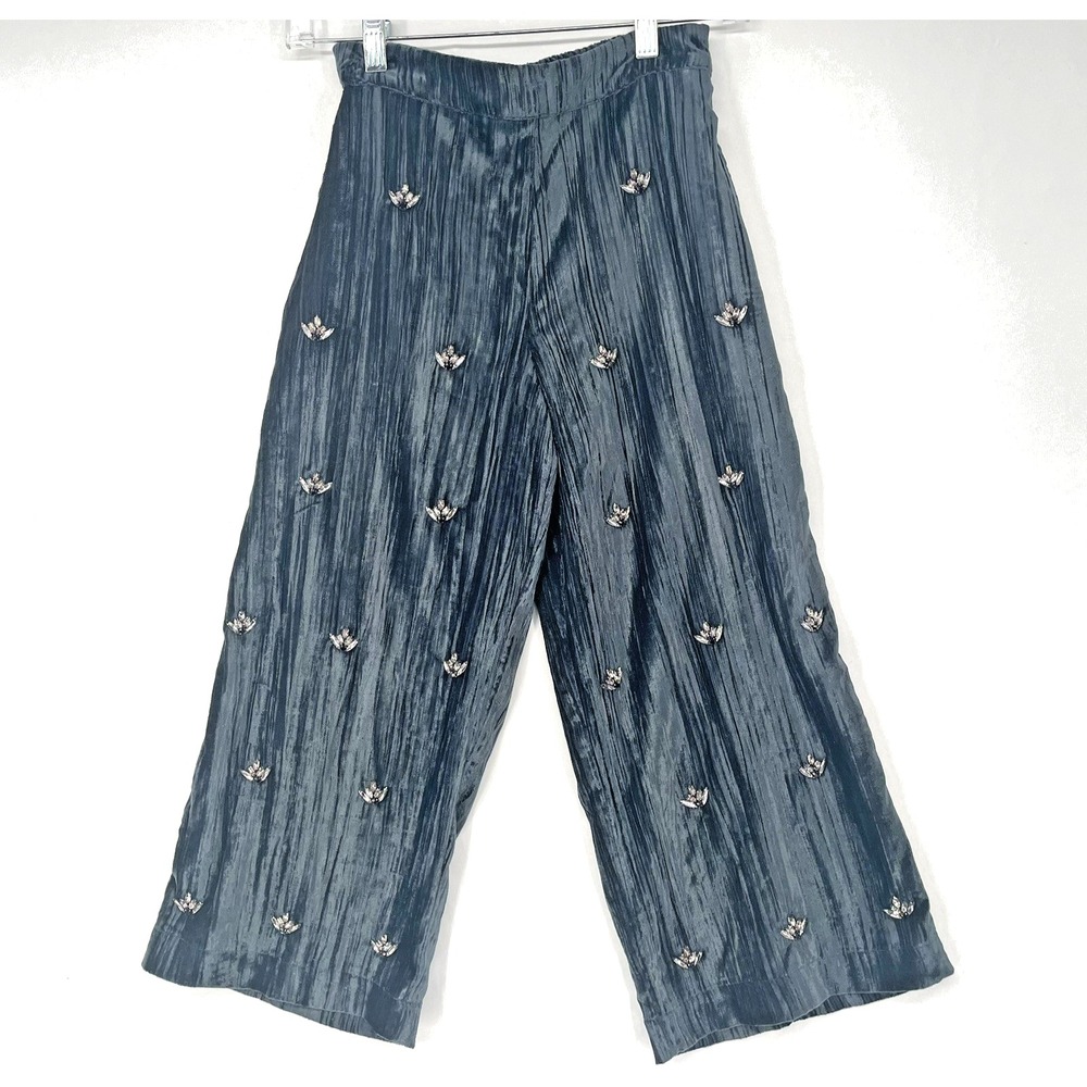 New Zara Kids Girls Rhinestone Velvet Culottes Duck Blue 9 YEARS Wide Leg